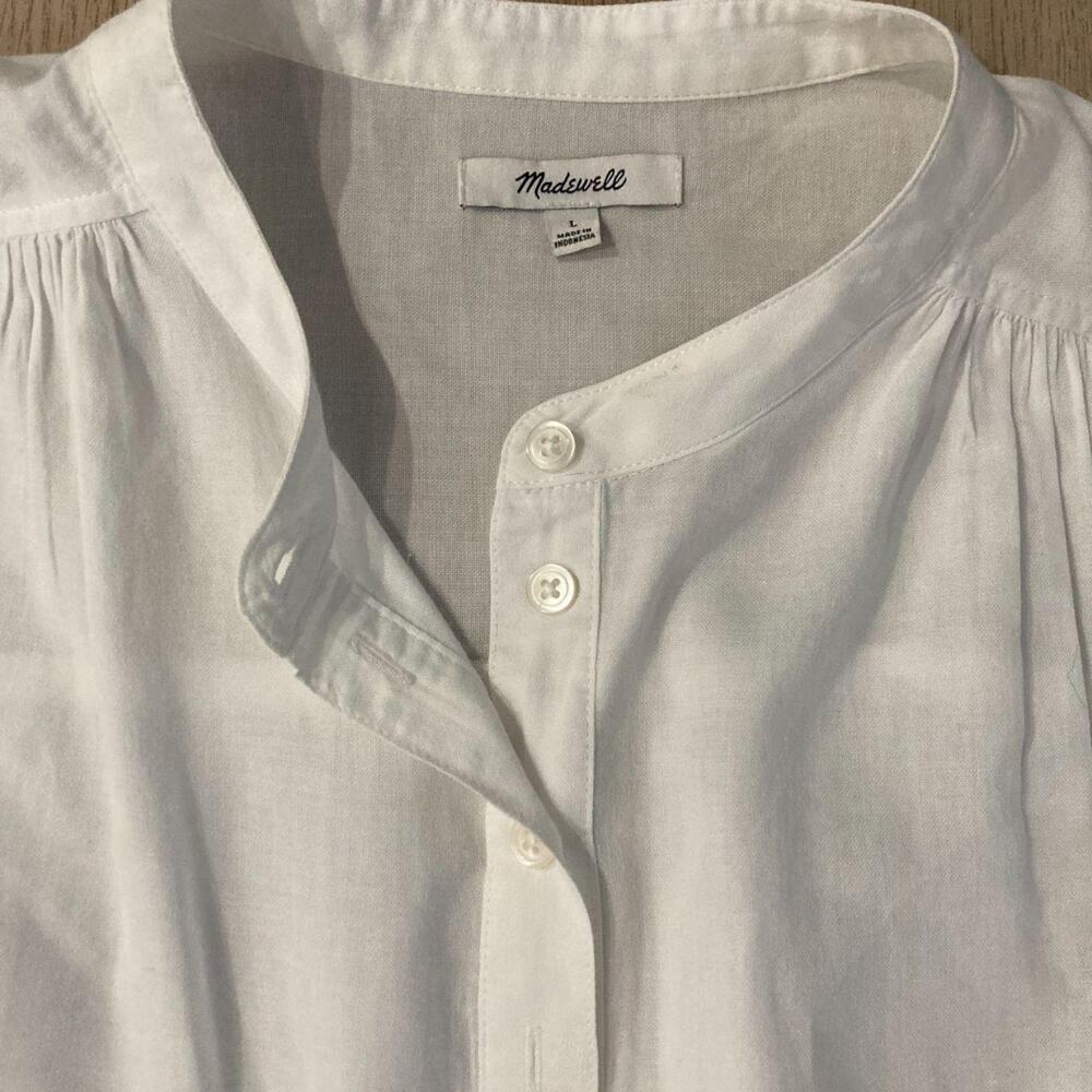 Madewell cotton shirred shoulder popover Henley Blouse White Women's Size L